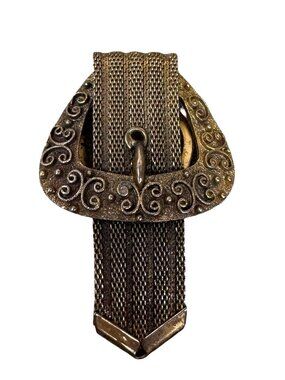 Vintage Ornate Metal Belt Buckle Scarf Clip Mesh Design Art Deco Scrollwork